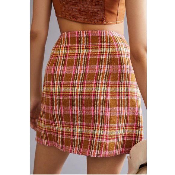 Anthropologie Maeve Button-Front Mini Skirt Pink Plaid - Medium - Picture 2 of 12